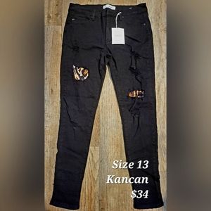 Kancan Jeans, New with tags, Black with leopard patches, Womens size 13